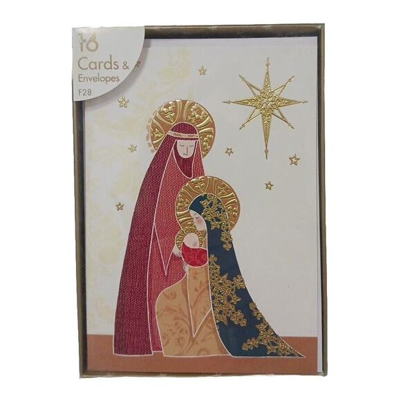 Fancy Box 16 Christmas CARDS GOLD LEAF Baby JESUS Mary Joseph Star Religious - Picture 1 of 16